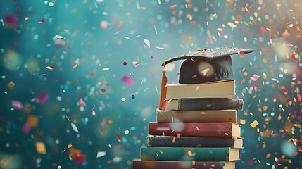 A graduation cap perched on a stack of books, showered with confetti, symbolizing academic achievement and celebration.
