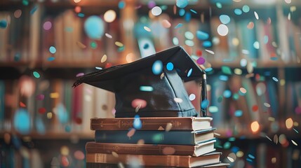 A graduation cap perched on a stack of books, showered with confetti, symbolizing academic achievement and celebration.
