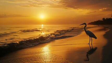 Wall Mural - A heron standing gracefully on the sandy beach at sunrise