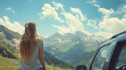 Young beautiful woman traveling by car in the mountains, summer vacation and adventure