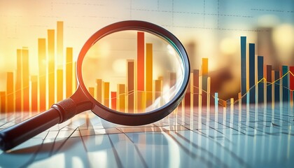 Magnifying glass on background with report chart and graph, business data analysis, stock finance, investment management concept