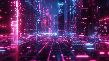 Wall Mural - Futuristic neon cyber city with glowing lights, representing advanced digital technology, a vibrant cityscape in a virtual reality environment.