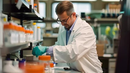 Poster - A man in a lab coat and blue gloves conducting experiments in a laboratory setting, A respected scientist conducting groundbreaking research in a state-of-the-art lab