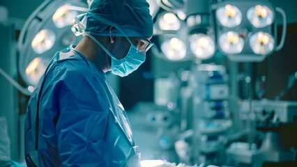 Poster - An individual performing robot-assisted surgery in a hospital setting, A robot-assisted surgery being performed in a state-of-the-art operating room