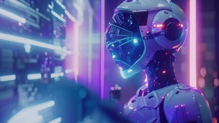 Poster - A robot is facing a wall covered with complex data, displaying information and signals, A robot interacting with human subjects in a digital world
