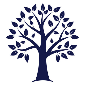 A navy blue tree with branches and leaves extending outwards on a white background.
