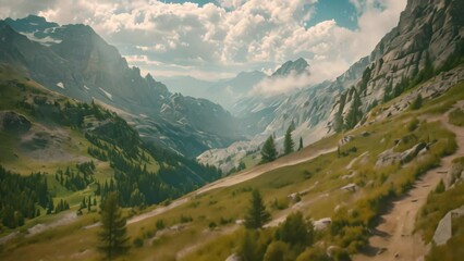 Wall Mural - A trail winds through rugged mountains under a vast sky, A rugged backpacking trail winding through the mountains