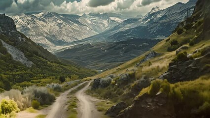 Canvas Print - A dirt road winds through a valley surrounded by towering mountains in the background, A rugged backpacking trail winding through the mountains