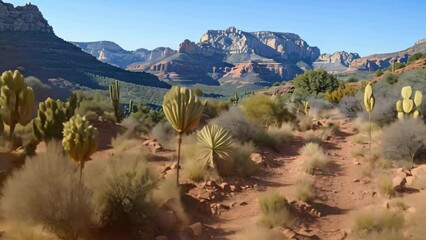 Poster - Desert dirt path leading through arid terrain with towering mountains in the background, A rugged desert landscape with towering red rock formations and cacti along the trail