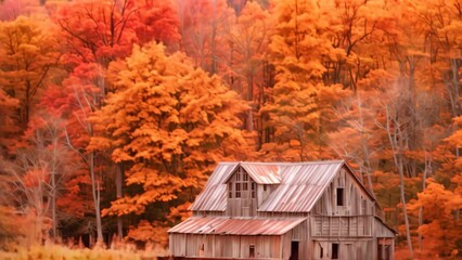 Wall Mural - An old barn stands among trees in a forest with orange and red leaves, A rustic barn surrounded by a sea of orange and red trees