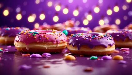 Brightly Colored D Rendered Donuts Floating Above a Lilac Background Highlighted by Festive String Lights.