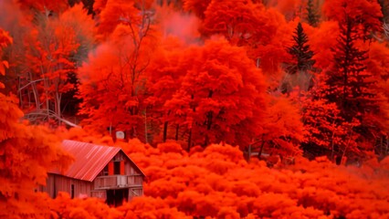 Wall Mural - A house sits in the center of a vast field with trees in the background, A rustic barn surrounded by a sea of orange and red trees