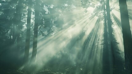 Wall Mural - A misty morning in the forest, with sunlight filtering through the trees and creating a magical atmosphere. 8k, full ultra HD, high resolution, cinematic photography