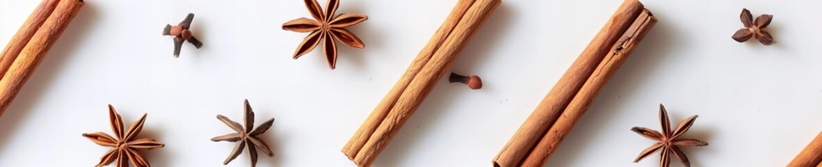 Cinnamon sticks and anise stars on white surface
