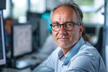 Canvas Print - Mature IT manager, confident, professional, digital SLR, standard zoom, daytime, IT office portrait, digital, high realism, office light. , background blur