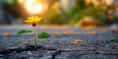 Single yellow wildflower emerging from a crack in the pavement with a blurred background and sunlight