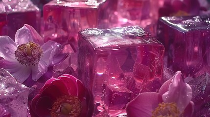 Poster -   Ice cubes with flowers inside, on an ice bed