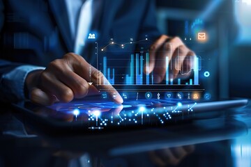 The hand of a business man using a tablet with a digital financial graph