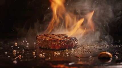 Wall Mural - Sizzling steak grills over a metallic surface, enveloped by flames. A culinary delight against a dark backdrop.