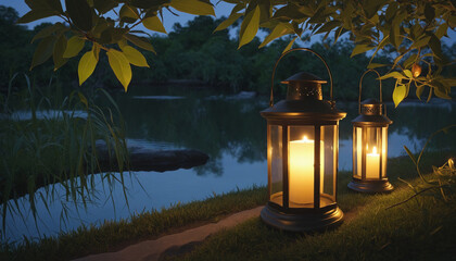 Lanterns Light up the Night, Creating a Peaceful Nature Scene at Dusk