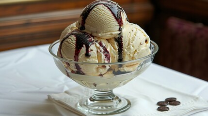 Sticker -  Three scoops of ice cream in a white bowl, served on a tablecloth with chocolate chips nearby