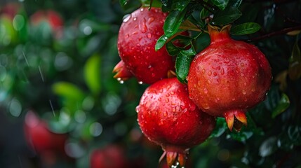 Wall Mural - Fresh pomegranates with water droplets hanging on a tree branch.
