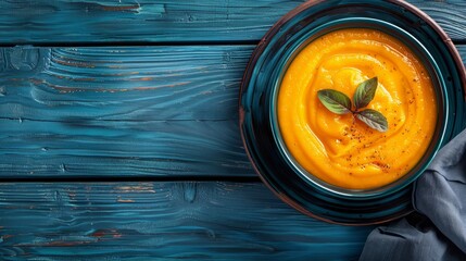 A bowl of creamy pumpkin soup puree served on a dark blue wooden table, perfect for a vegetarian lunch.








