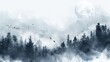 © Chingiz - A hand-drawn vector watercolor of a mystical, foggy landscape featuring a dense coniferous forest.