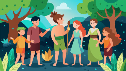 Wall Mural - The audience is transported to the Garden of Eden as a group of teens act out the story of Adam and Eve and the consequences of disobedience.. Vector illustration