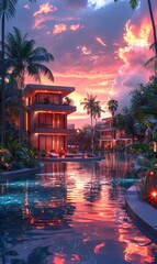 Vibrant Cityscape Poster with Coconut Tree Generative AI