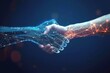 © DWN Media - Handshakes between human and digital, technology concept for business interaction or collaboration in the era of artificial intelligence with copy space on dark blue background