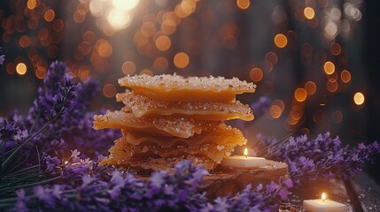 Wall Mural -   A stack of donuts sits on a wooden table with purple flowers and lit candles