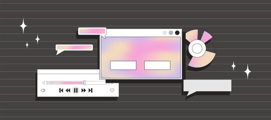 Wall Mural - Banner with hearts. Retro computer interface aesthetics. Background with browser elements in y2k style with gradient.