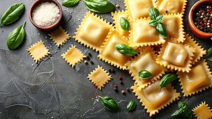   A plate of ravioli with basil, pepper, and seasoning beside a bowl of salt and pepper