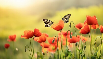 Wall Mural - summer background with poppies; flying butterflies on a red flower