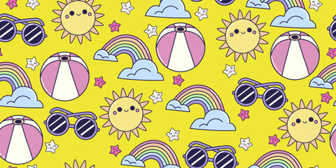 Poster - Summer pattern - sunglasses, rainbow, beach ball. Yellow background.