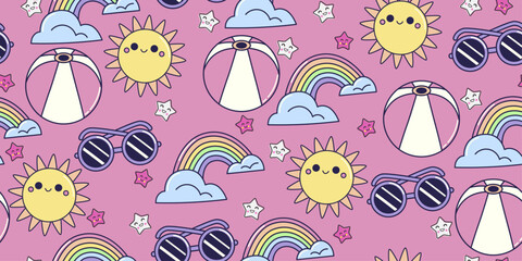 Leinwandbilder - Summer pattern - sunglasses, rainbow, beach ball. Pink background.