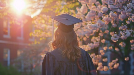 A woman in graduation cap and gown standing outside with a tree behind her, AI