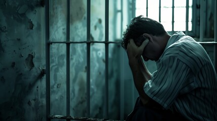 Man Talking on Cell Phone in Jail Cell