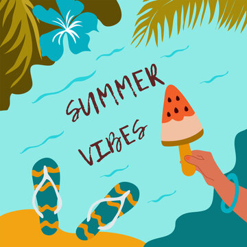 Bright summer postcard. A beautiful summer beach holiday poster. Vector illustration.