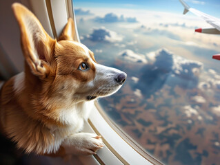 Wall Mural - portrait of a corgi dog looking out the window of an airplane flying over America --ar 4:3 Job ID: 941f64e2-d916-4dd2-94e0-1b4cf4b0c3af