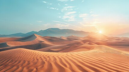   A desert landscape is captured at sunset, featuring sand dunes in the foreground and a distant mountain range