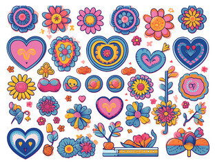 Wall Mural - set of stickers groovy lovely cartoon face characters heart. retro happy valentines day. trendy retr