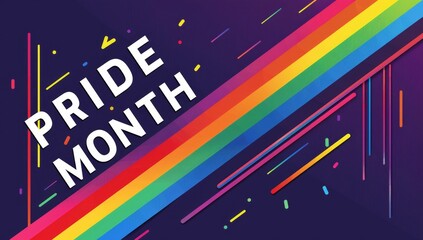 Poster - Pride month graphic design with rainbow stripes and the text 