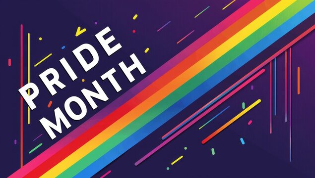 Pride month graphic design with rainbow stripes and the text 