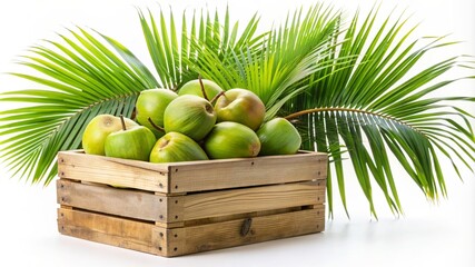 Fresh coconuts in a wooden crate with tropical palm leaves, representing a natural and organic lifestyle.