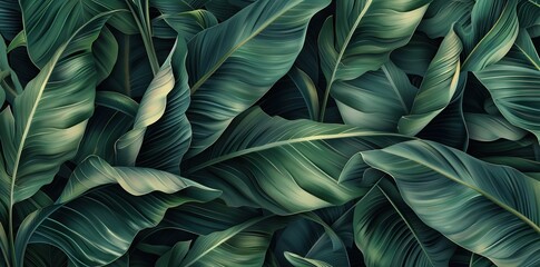 Wall Mural - Close up tropical Green leaves texture and abstract wallpaper, Nature concept., dark tone. AI generated illustration
