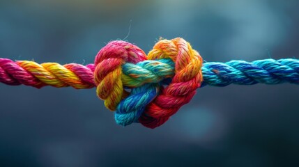 Colorful rope creating a heart-shaped knot against a dark background
