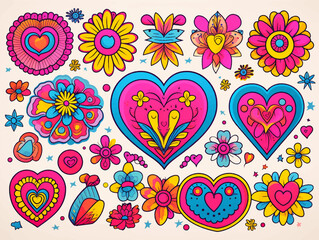 Wall Mural - set of stickers groovy lovely cartoon face characters heart. retro happy valentines day. trendy retr