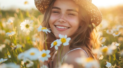 Sticker - A woman in a straw hat smiling while standing among daisies, AI